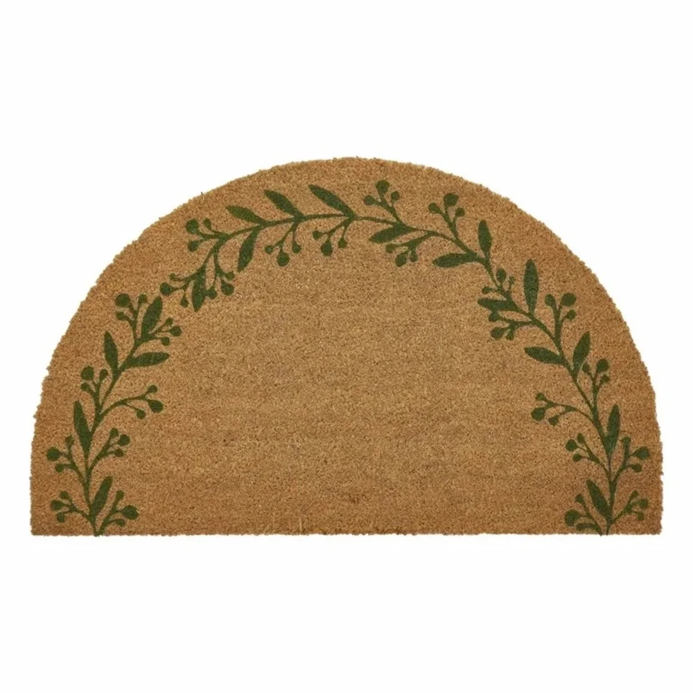 Green/Natural Berry Leaf Vine Half Circle Outdoor Coir Doormat, 18